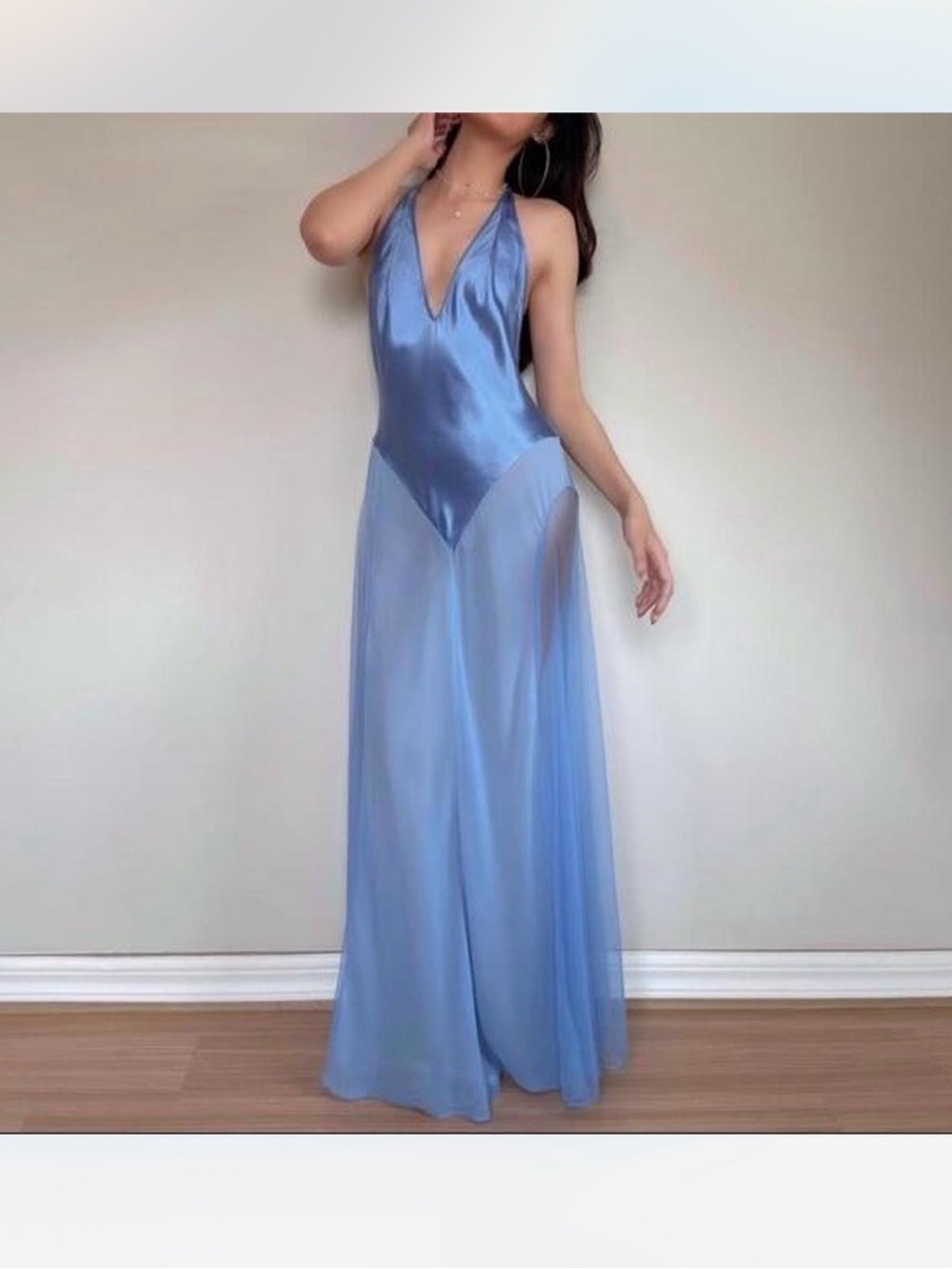 Victoria's Secret powder Blue Satin & Sheer Halter Maxi slip Dress